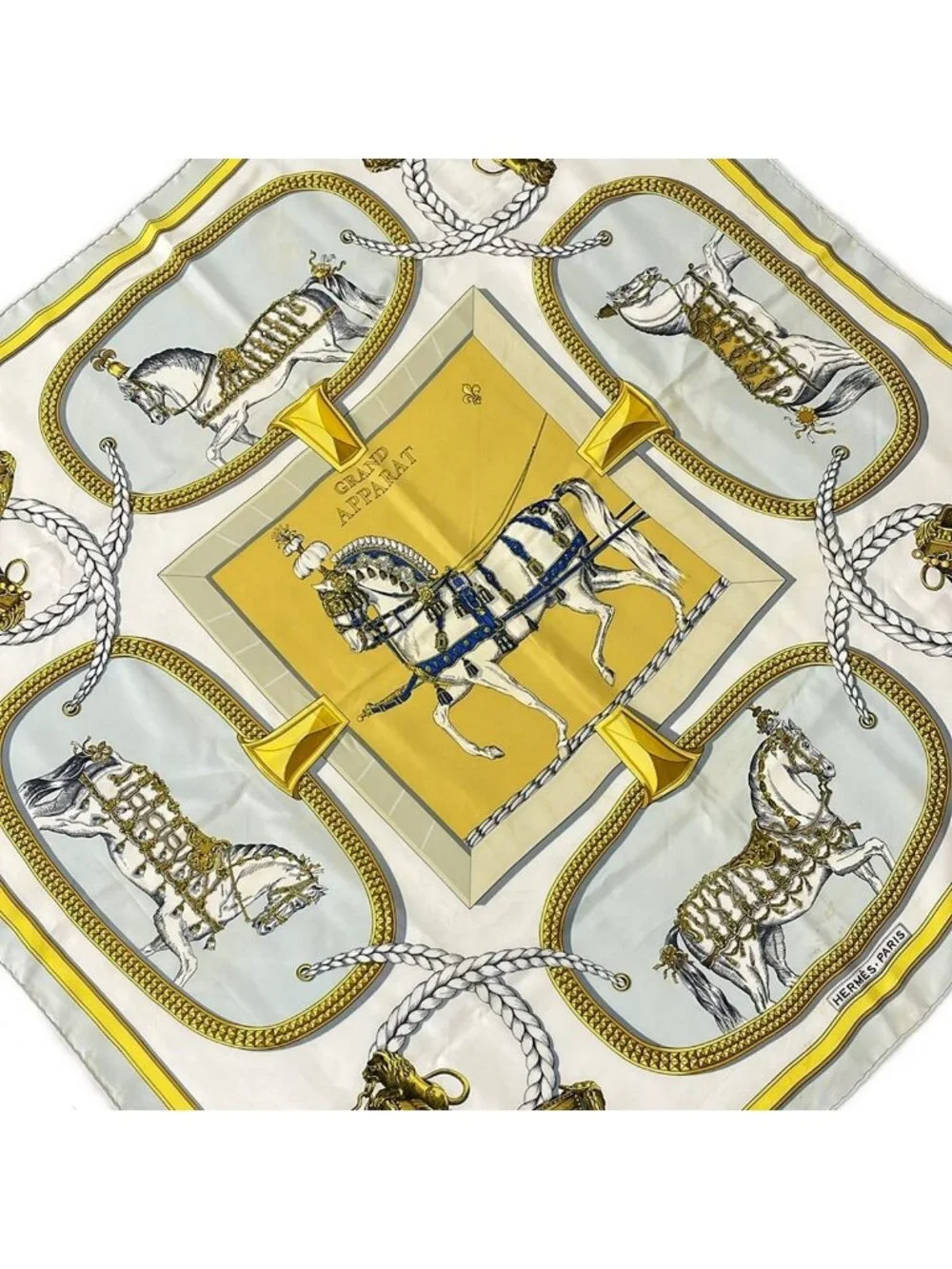Hermes Scarf Carre 90 Yellow Ivory Grand Apparat Dressed Horse Silk